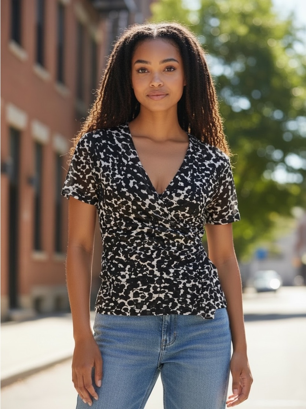 DKNY Black and White Wrap-Front Short Sleeve Top
